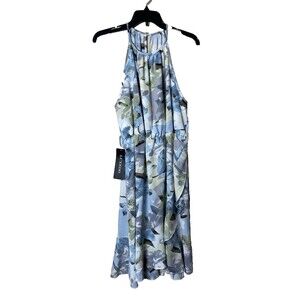 Luxedo Woman's Sunny Bliss Light Blue Floral Halter Ruffled Midi Dress Size XL